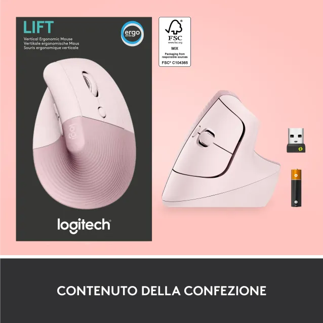 Logitech Lift Mouse Ergonomico Verticale, Senza Fili, Ricevitore Bluetooth o Logi Bolt USB, Clic Silenziosi, 4 Tasti, Compatibile con Windows / macOS iPadOS, Laptop, PC. Rosa [910-006478]