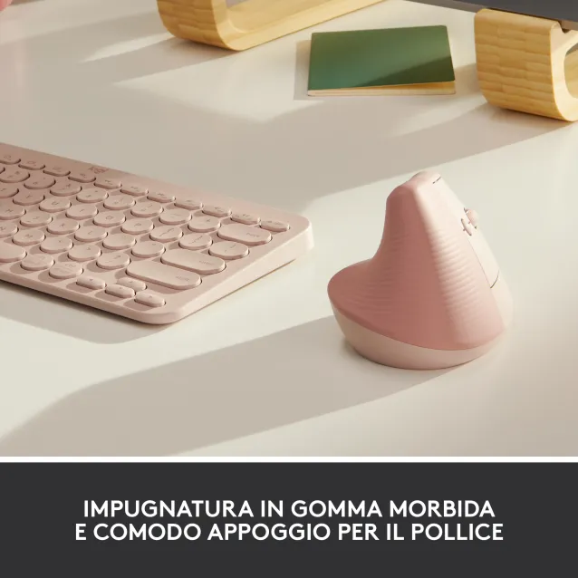 Logitech Lift Mouse Ergonomico Verticale, Senza Fili, Ricevitore Bluetooth o Logi Bolt USB, Clic Silenziosi, 4 Tasti, Compatibile con Windows / macOS iPadOS, Laptop, PC. Rosa [910-006478]