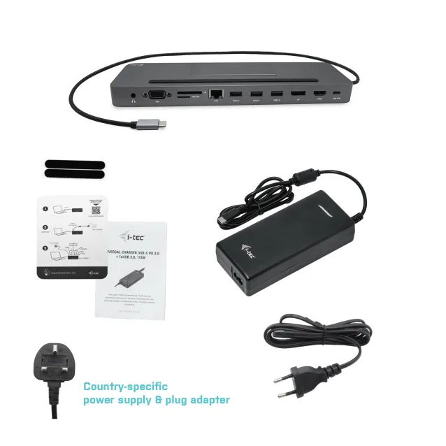 i-tec Metal USB-C Ergonomic 4K 3x Display Docking Station with Power Delivery 85 W + Universal Charger 112 [C31FLATPRO112W]
