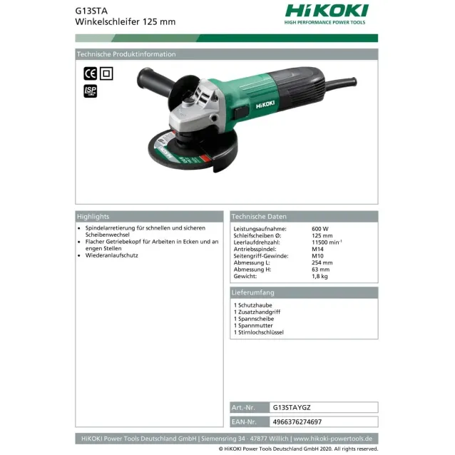 Hikoki G13STA smerigliatrice angolare 1,8 kg [G13STA]