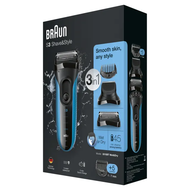 Braun Series 3 3010BT Shave&Style Rasoio Elettrico Barba, Wet&Dry Da Uomo Nero/Blu [81547159]