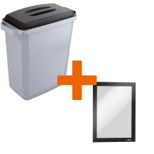 Durable DURABIN Plastic Waste Recycling Bin 60 Litre Grey with Black Lid & A5 DURAFRAME Self-Adhesive Sign Holder - VEH2023004 DD [VEH2023004]