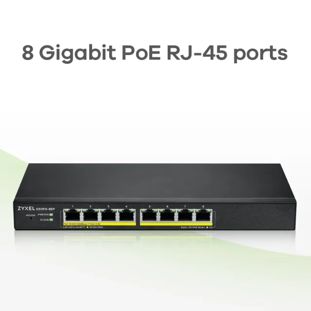 Switch di rete Zyxel GS1915-8EP Gestito L2 Gigabit Ethernet (10/100/1000) Supporto Power over (PoE) Nero [GS1915-8EP-EU0101F]