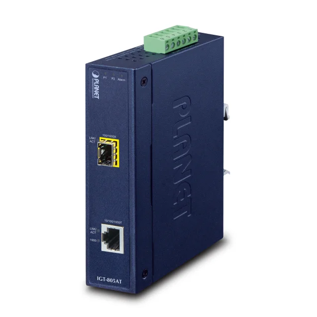 PLANET IGT-805AT convertitore multimediale di rete 1000 Mbit/s Blu (IP30 Industrial 10/100/1000T - to 100/1000X SFP Gigabit Media Converter [-40 75 degree C] Warranty: 60M) [IGT-805AT]