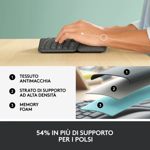 SCOPRI LE OFFERTE ONLINE SU Logitech ERGO K860 Wireless Split Keyboard -  Tastiera Ergonomica Wireless, Poggiapolsi, Connettività Bluetooth e USB,  Compatibile con Windows Mac [920-010106]