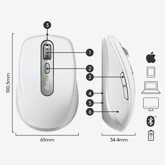 Logitech MX Anywhere 3 per Mac – Mouse Compatto Performante, Wireless, Scroller Magnetico Veloce, Su Ogni Superficie, Sensore 4000 DPI, Pulsanti Custom, USB-C, Bluetooth, Apple Mac, iPad, Windows [910-005991]