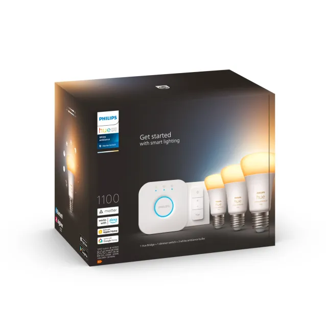 Philips by Signify Hue White ambiance Starter Kit Bridge + 3 Lampadine Smart E27 75W Dimmer Switch [8719514291232]