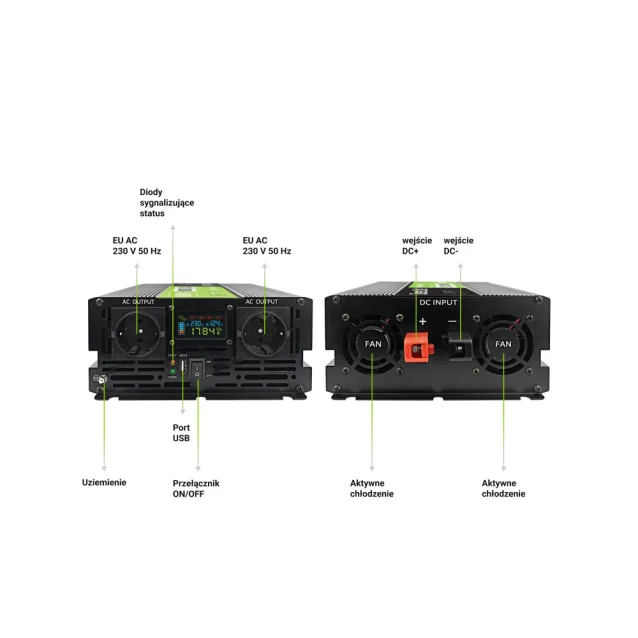 Green Cell Przetwornica napicia PowerInverter LCD 12 V 2000W/40000W samochodowa z wywietlaczem - czysty sinus adattatore e invertitore Auto Nero [INVGC12P2000LCD]