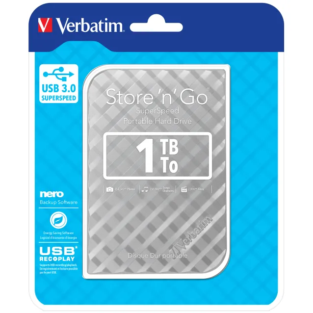 Hard disk esterno Verbatim Disco rigido portatile Store 'n' Go USB 3.0 da 1 TB Argento [53197]