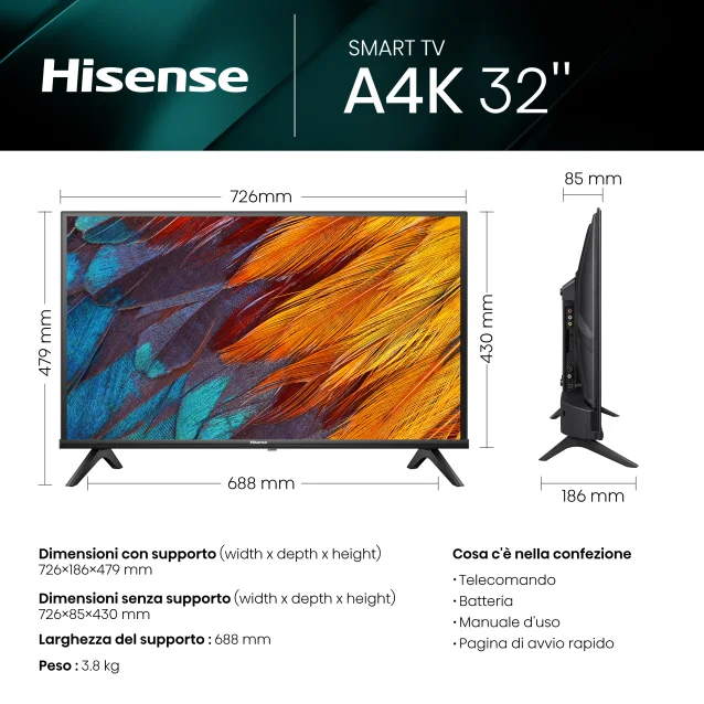 Hisense 32A4K TV 81,3 cm (32) HD Smart TV Wi-Fi Nero 200 cd/m²