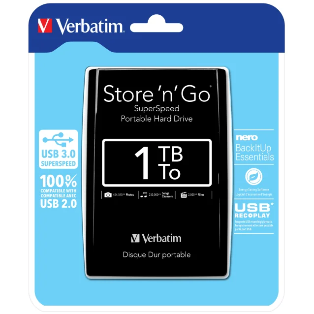 Hard disk esterno Verbatim Disco rigido portatile Store 'n' Go USB 3.0 da 1 TB Nero [53023]