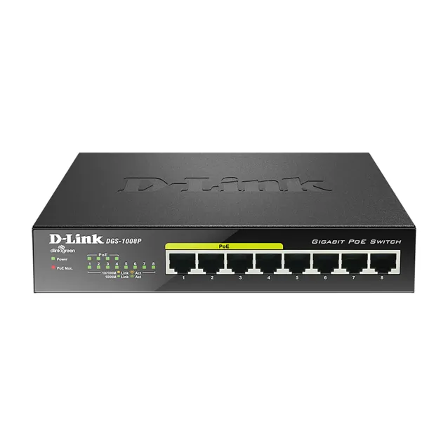 D-Link DGS-1008P switch di rete Non gestito Gigabit Ethernet (10/100/1000) Supporto Power over (PoE) Nero [DGS-1008P]