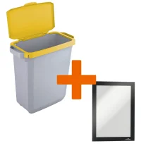 Durable DURABIN Plastic Waste Recycling Bin 60 Litre Grey with Yellow Hinged Lid & Black A5 DURAFRAME Self-Adhesive Sign Holder - VEH2023005 DD [VEH2023005]