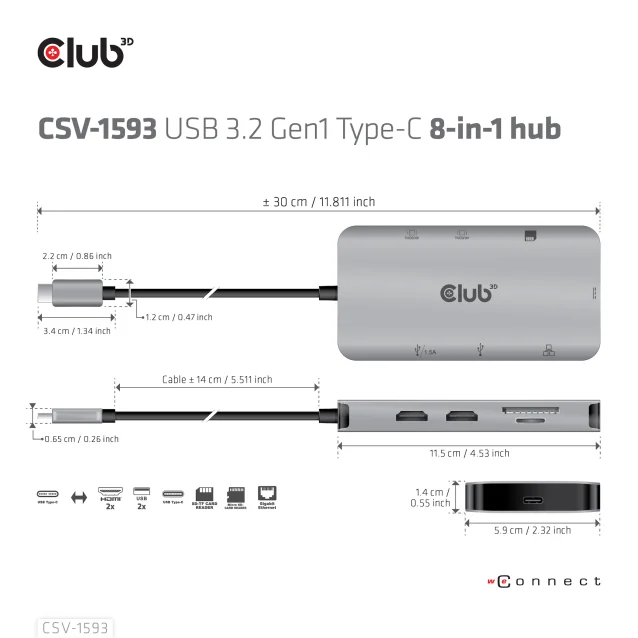 Hub USB CLUB3D CSV-1593 hub di interfaccia 3.2 Gen 1 (3.1 1) Type-C 16200 Mbit/s Metallico [CSV-1593]