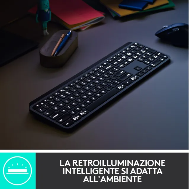 Logitech , MX Keys, tastiera wireless avanzata con illuminazione, digitazione reattiva, retroilluminazione, Bluetooth, USB-C, Apple, macOS, Microsoft Windows, Linux, iOS, Android, struttura in metallo