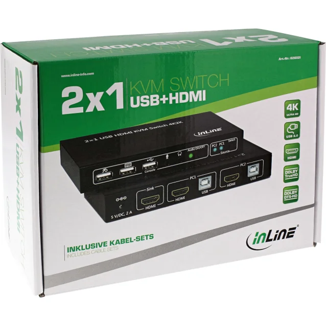InLine KVM Desktop Switch, 2-porte, HDMI 4K2K, USB 2.0 Hub, con Audio