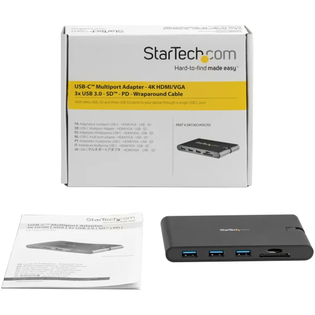 StarTech.com Adattatore Multi-porta USB-C con HDMI e VGA per portatili - 3x USB 3.0 Lettore Schede SD PD Cavo integrato [DKT30CHVSCPD]