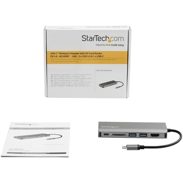 StarTech.com Adattatore multiporta USB-C - Dock da viaggio USB tipo C a HDMI 4K, 3x 3.0 hub, SD / SDHC, GbE, pass-through PD 60W Mini docking station portatile Type-C Thunderbolt 3 [DKT30CSDHPD3]