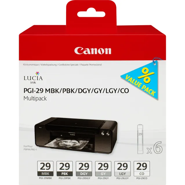 SCOPRI LE OFFERTE ONLINE SU Cartuccia inchiostro Canon 6 Cartucce d' inchiostro Multipack PGI-29 MBK/PBK/DGY/GY/LGY/CO [4868B018]