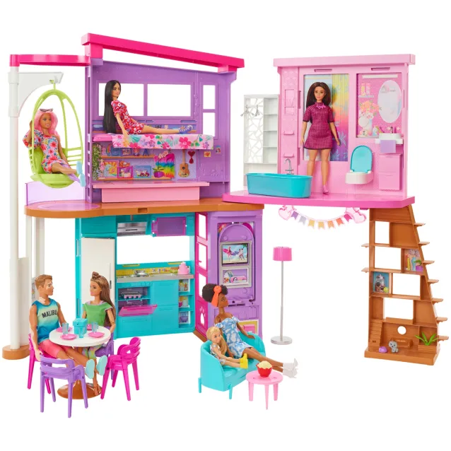 Barbie Casa di Malibu (106 cm) playset casa delle bambole con 2 piani, 6 stanze, ascensore altalena e più 30 pezzi, Giocattolo per Bambini 3+ Anni