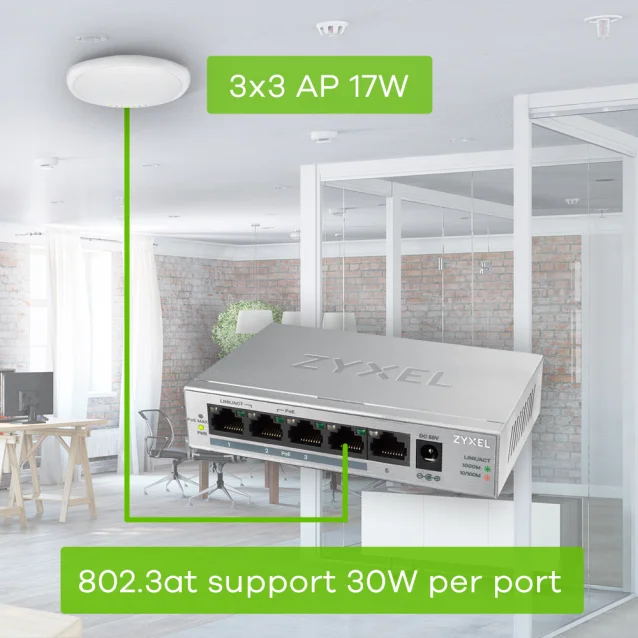 Switch di rete Zyxel GS1005HP Non gestito Gigabit Ethernet [10/100/1000] Supporto Power over [PoE] Argento (GS1005-HP 5-PORT DT GB POE+ - SWITCH) [GS1005HP-EU0101F]