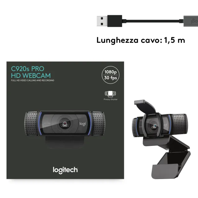 Logitech C920S HD Pro Webcam, Videochiamata Full 1080p/30fps, Audio Stereo ‎Chiaro, ‎Correzione Luce HD, Privacy Shutter, Per Skype, Zoom, FaceTime, Hangouts, ‎‎PC/Mac/Laptop/Tablet/XBox‎, Nero