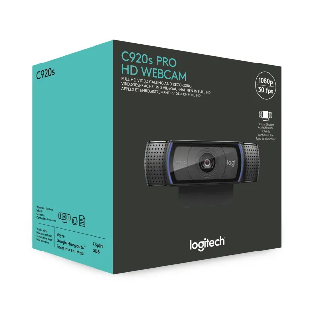 Logitech C920S HD Pro Webcam, Videochiamata Full 1080p/30fps, Audio Stereo ‎Chiaro, ‎Correzione Luce HD, Privacy Shutter, Per Skype, Zoom, FaceTime, Hangouts, ‎‎PC/Mac/Laptop/Tablet/XBox‎, Nero