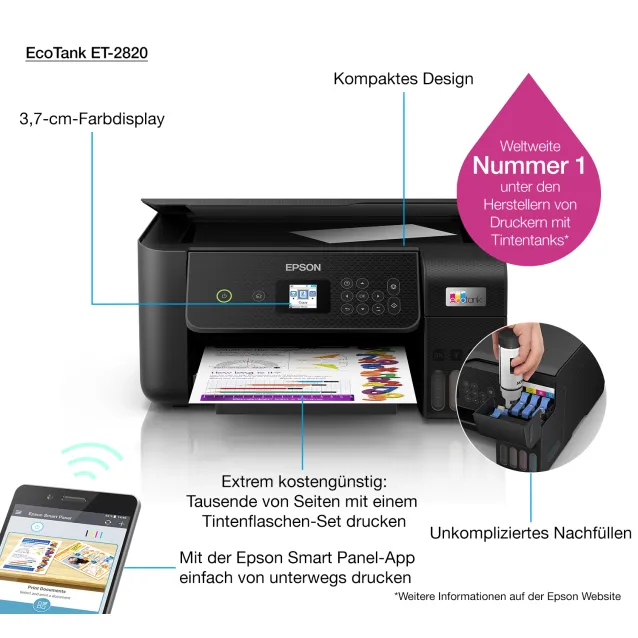 Epson EcoTank ET-1810 Stampante A4, Serbatoi Ricaricabili Alta Capacità, 4  Flaconi Inclusi pari a 3600pag B/N 6500pag Colore, USB Wi-Fi/Direct, Nero