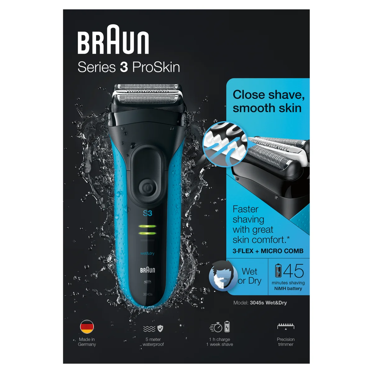 SCOPRI LE OFFERTE ONLINE SU Rasoio elettrico Braun Series 3 ProSkin 3045s  Trimmer Nero, Blu [3045s]