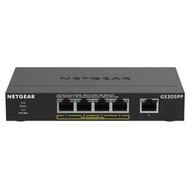 Switch di rete NETGEAR GS305PP Non gestito Gigabit Ethernet (10/100/1000) Supporto Power over (PoE) Nero [GS305PP-100PES]
