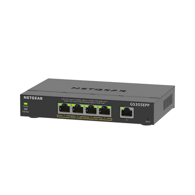Switch di rete NETGEAR GS305EPP Gestito L3 Gigabit Ethernet [10/100/1000] Supporto Power over [PoE] Nero (NETGEAR Plus - smart 5 x 10/100/1000 [4 PoE+] desktop, wall-mountable PoE+ [120 W]) [GS305EPP-100UKS]