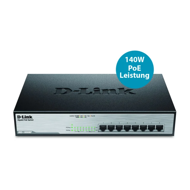 D-Link DGS-1008MP switch di rete Non gestito Gigabit Ethernet (10/100/1000) Supporto Power over (PoE) 1U Nero [DGS-1008MP]