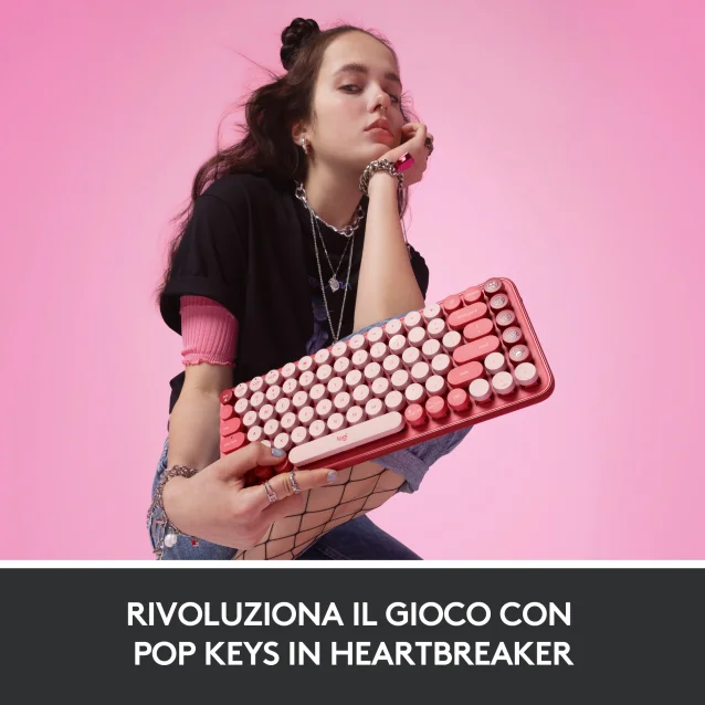 Logitech POP Keys Tastiera Meccanica Wireless con Tasti Emoji Personalizzabili, Design Compatto Durevole, Connettività Bluetooth o USB, Compatibilità Multidispositivo e OS - Heartbreaker [920-010727]