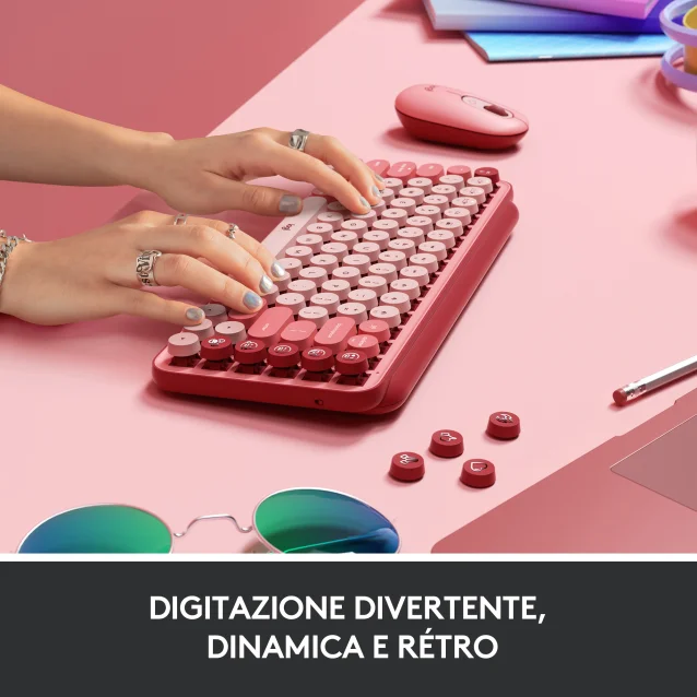 Logitech POP Keys Tastiera Meccanica Wireless con Tasti Emoji Personalizzabili, Design Compatto Durevole, Connettività Bluetooth o USB, Compatibilità Multidispositivo e OS - Heartbreaker [920-010727]