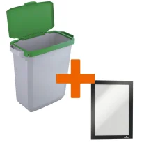 Durable DURABIN Plastic Waste Recycling Bin 60 Litre Grey with Green Hinged Lid & Black A5 DURAFRAME Self-Adhesive Sign Holder - VEH2023006 DD [VEH2023006]