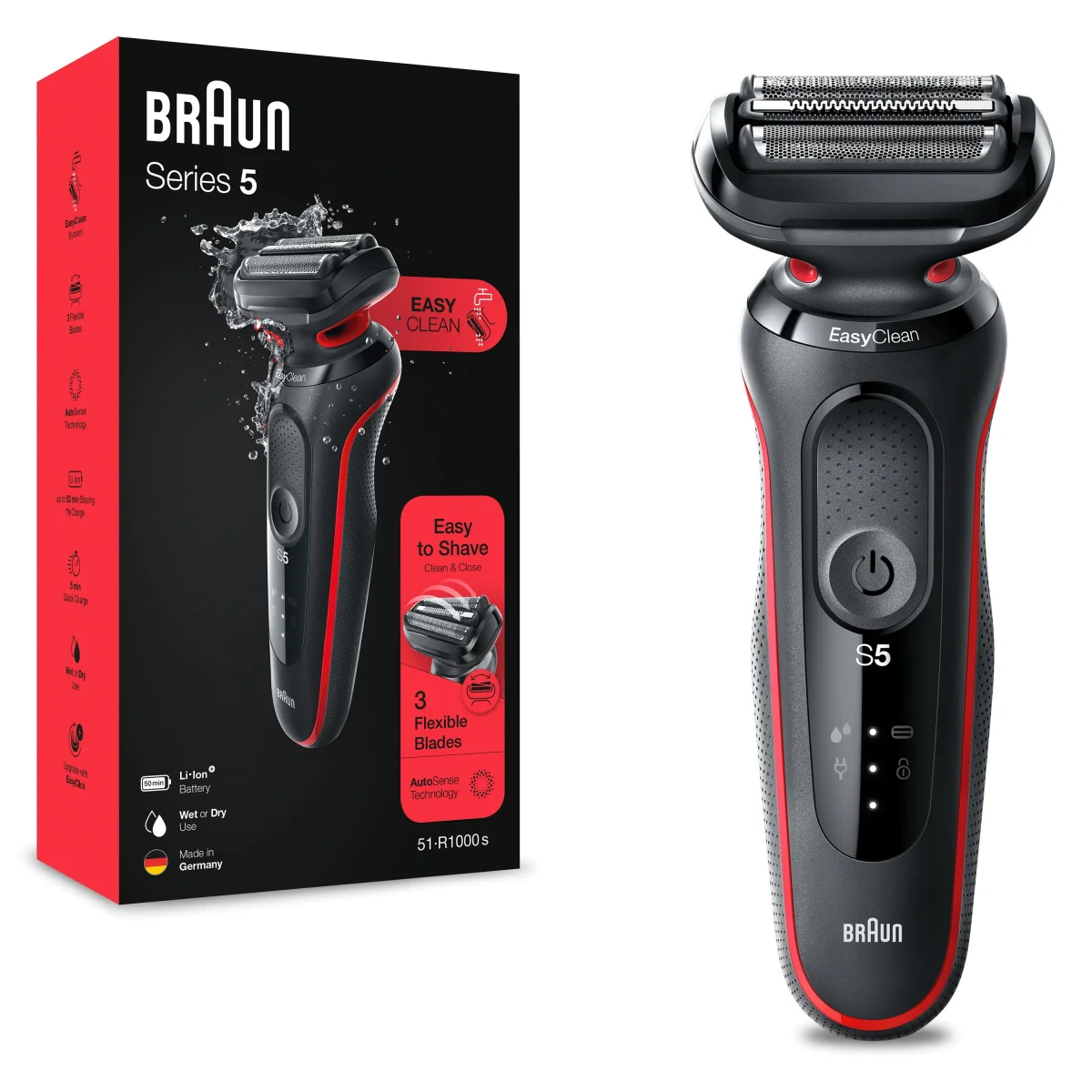 SCOPRI LE OFFERTE ONLINE SU Braun Series 5 51-R1000s Rasoio Elettrico Uomo,  EasyClean, Wet&Dry, Ricaricabile, A Lamina Senza Fili, Rosso [4210201430865]