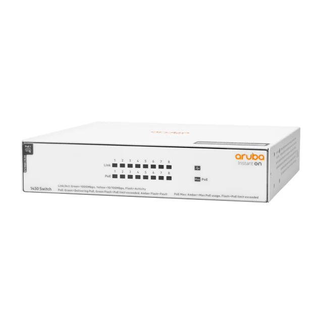 Switch di rete Aruba Instant On 1430 8G Class4 PoE 64W Non gestito L2 Gigabit Ethernet (10/100/1000) Supporto Power over (PoE) Bianco [R8R46A]