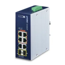 Switch di rete PLANET IP30 Industrial 4-Port Non gestito Gigabit Ethernet (10/100/1000) Supporto Power over (PoE) Blu, Bianco [IGS-824UPT]