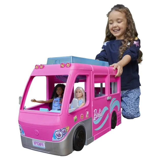 Barbie Camper dei Sogni - Veicolo con Scivolo e Piscina 2 Cuccioli 7 Aree Gioco Alto 76 cm 60+ Accessori Regalo per Bambini 3+ Anni [HCD46]