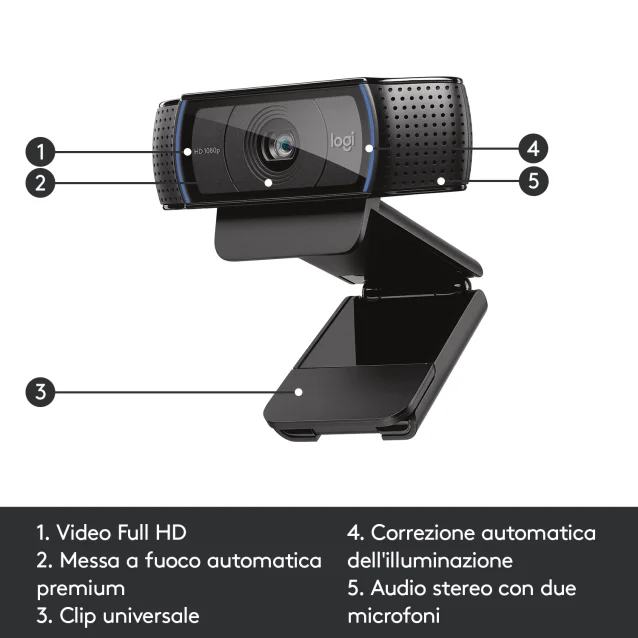 Logitech C920 HD Pro Webcam, Videochiamata Full 1080p/30fps, Audio Stereo ‎Chiaro, ‎Correzione Luce HD, Funziona con Skype, Zoom, FaceTime, Hangouts, ‎‎PC/Mac/Laptop/Tablet/Chromebook - Nero [960-001055]