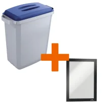 Durable DURABIN Plastic Waste Recycling Bin 60 Litre Grey with Blue Lid & Black A5 DURAFRAME Self-Adhesive Sign Holder - VEH2023002 DD [VEH2023002]