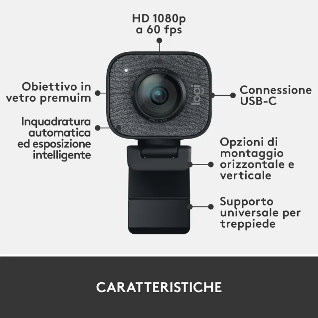 Logitech for Creators StreamCam - Webcam Premium per Streaming e Creazione Contenuti Video, Full HD 1080p 60 fps, Lente in Vetro Premium, Messa a Fuoco Automatica, USB, PC, Mac. Grafite [960-001281]