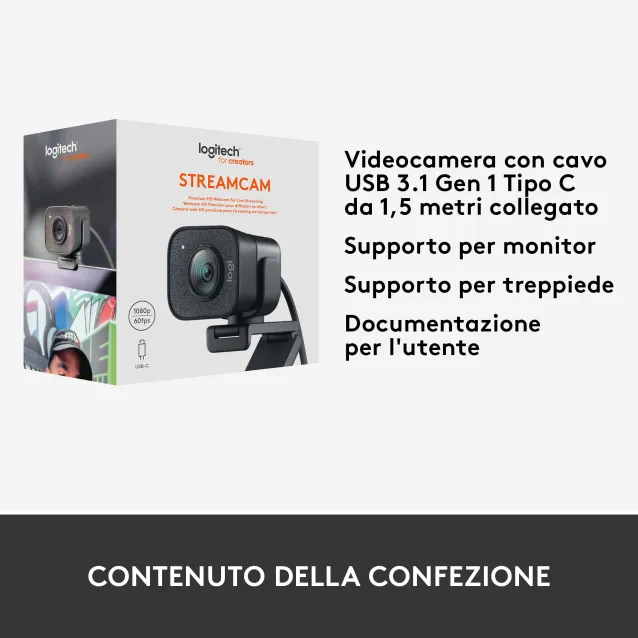 Logitech for Creators StreamCam - Webcam Premium per Streaming e Creazione Contenuti Video, Full HD 1080p 60 fps, Lente in Vetro Premium, Messa a Fuoco Automatica, USB, PC, Mac. Grafite [960-001281]