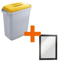 Durable DURABIN Plastic Waste Recycling Bin 60 Litre Grey with Yellow Lid & Black A5 DURAFRAME Self-Adhesive Sign Holder - VEH2023001 DD [VEH2023001]