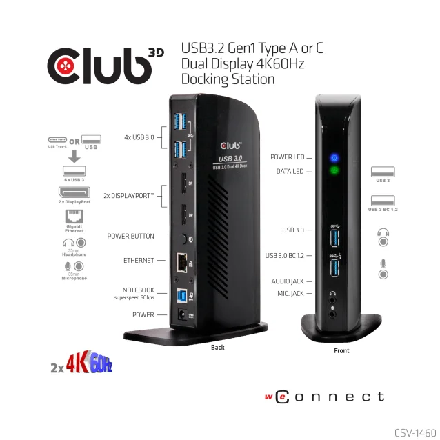 CLUB3D USB3.2 Gen1 Type A or C Dual Display 4K60Hz Docking Station DisplayLink® Certified [CSV-1460]