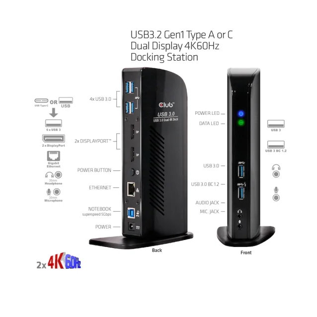 CLUB3D USB3.2 Gen1 Type A or C Dual Display 4K60Hz Docking Station DisplayLink® Certified [CSV-1460]