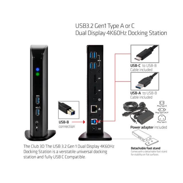 CLUB3D USB3.2 Gen1 Type A or C Dual Display 4K60Hz Docking Station DisplayLink® Certified [CSV-1460]