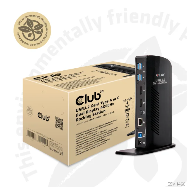 CLUB3D USB3.2 Gen1 Type A or C Dual Display 4K60Hz Docking Station DisplayLink® Certified [CSV-1460]