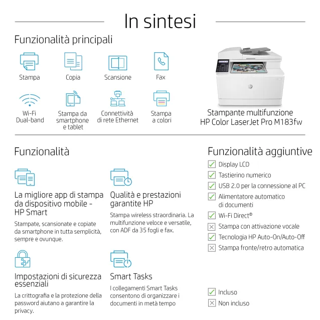 HP Color LaserJet Pro Stampante multifunzione M183fw, Stampa, copia,  scansione, fax, ADF da 35 fogli, Risparmio energetico, Funzionalità di  sicurezza