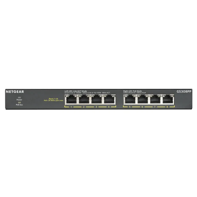 Switch di rete NETGEAR GS308PP Non gestito Gigabit Ethernet (10/100/1000) Supporto Power over (PoE) Nero [GS308PP-100EUS]